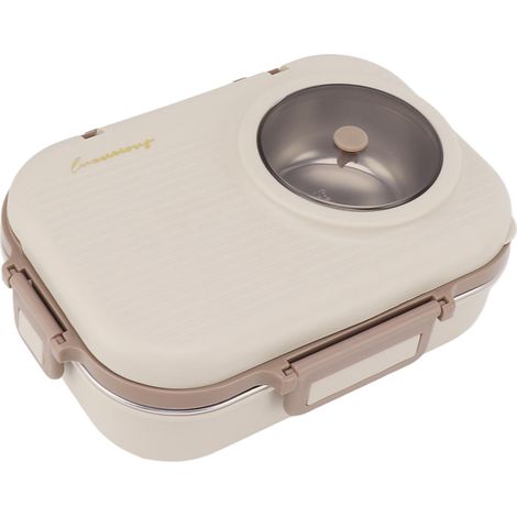 Boîte à lunch en acier inoxydable beige étanche, avec bol à soupe, cuillère et baguettes, idéale pour le camping et les pique-niques. 3 compartiments, 1100 ml. (1/5)