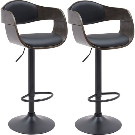 Conjunto de 2 taburetes de bar sillas altas patas trompeta en metal negro, asiento de madera gris y polipiel negra TDB10765