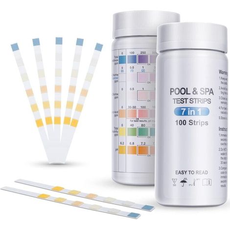 100er-Packung Pool-Teststreifen, 7-in-1-Pool-Teststreifen für Pool, Spa und Whirlpool, Wasserqualitätsanalyse – Gesamthärte, Brom, freies Chlor, pH-Wert, Cyanursäure und Alkalinitätsgrad (1/4)