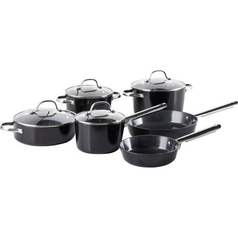 Conjunto de 10 piezas 3 ollas 2 sartenes con recubrimiento cerámico antiadherente aluminio negro Elite Pro (1/5)