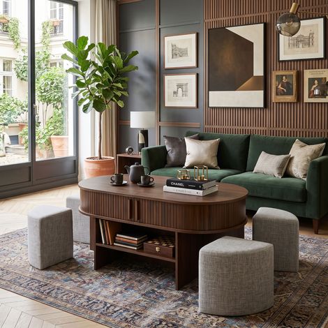 Creahappy Table Basse Ovale 120x60 cm avec 4 Poufs - Gain de Place Rangement Portes Coulissantes - Style Rétro Cannelé Noyer (1/5)
