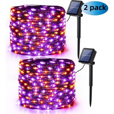 Guirlande Halloween Décoration Orange Violet, 2 Paquets 14M 120 LED Guirlande Lumineuse Solaire Extérieur Fil de Cuivre Étanche 8 Modes Lumière Solaire pour Action de Grâces Jardin Balcon
