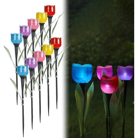 Lot de 10 tulipes solaires sur piquet - Lampes solaires pour jardin, extérieur, jardin, éclairage multicolore pour cour, patio, clôture, décorations de jardin