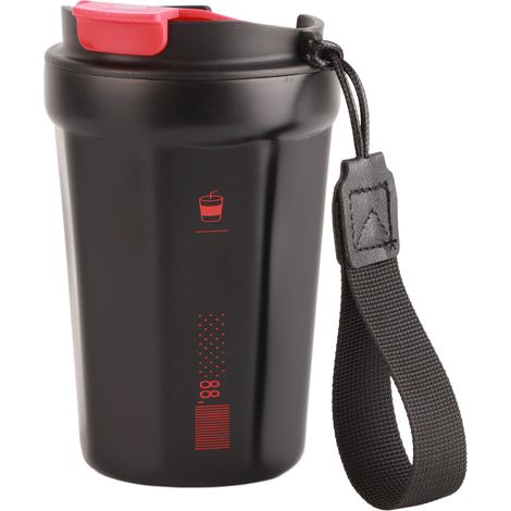 Mug isotherme 390 ml en acier inoxydable noir, idéal pour le camping, la maison, l'école, le bureau et les activités de plein air. Maintient les boissons chaudes et froides.