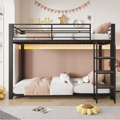 Letto a castello in metallo nero 90x200 con scala in legno e ripiani, letto alto bambini ragazzi (1/5)
