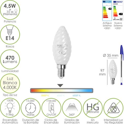 Bombilla Led Filamento Vela Esmerilada E14. 4,5 Watt. Equivale A 35 Watt. 470 Lumenes. Luz Neutra 4000º K.