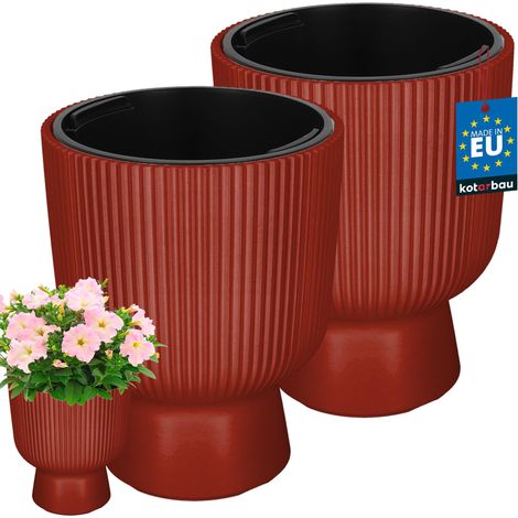 KOTARBAU® Lot de 2 Pot de Fleur - Pot Plastique Plante Ø 23 cm - avec Bac Intérieur - Pot de Jardin - Pot de Fleur Exterieur - H : 30 cm - PVC - Cuivré - Nervuré (1/4)