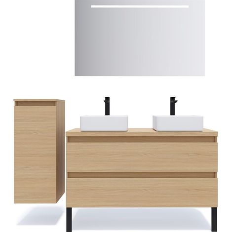 Meuble de salle de bain suspendu 2 vasques à poser 120cm 2 tiroirs Chêne clair + miroir + colonne ouverture gauche - Hudson (1/5)