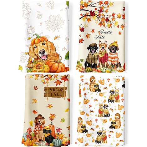 Lot de 4 Torchons de Cuisine Automne Chiot Décoratif Essuie Main Absorbante 100% Coton Torchon Vaisselle Saisonnier Cadeaux pour Crémaillère et Cuisine 48 cm x 70 cm (1/5)