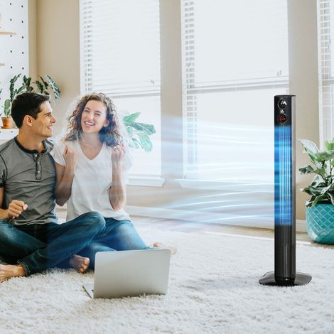 Ventilateur debout avec télécommande 45W minuterie 12H Oscillation 70° 3 Niveaux de ventilation avec diffuseur d’arôme 31,5x31,5x117cm Noir