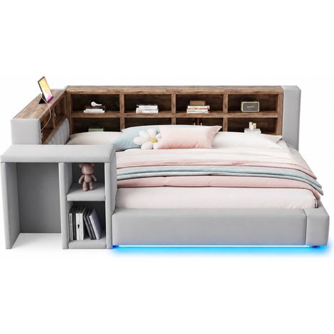 Lit rembourré 90 x 200 cm avec rangements multi-niveaux, LED, prises intégrées, tablette latérale et dossier capitonné gris foncé  CHICFURN (1/5)