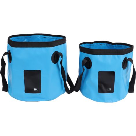 Lot de 2 seaux pliables 12L/20L, étanches et portables, pour le camping et la pêche (bleu). (1/5)