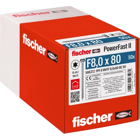 Tirefond PowerFast FPF II HWTF 8,0x80 revêtement zingué, Filetage Total, tête hexagonale avec Empreinte Torx/Boîte de 50 (1/4)