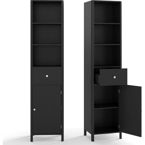 COSTWAY 170cm Tall Bathroom Cabinet Narrow Floor Cabinet w/Fluted Door-Black (1/5)