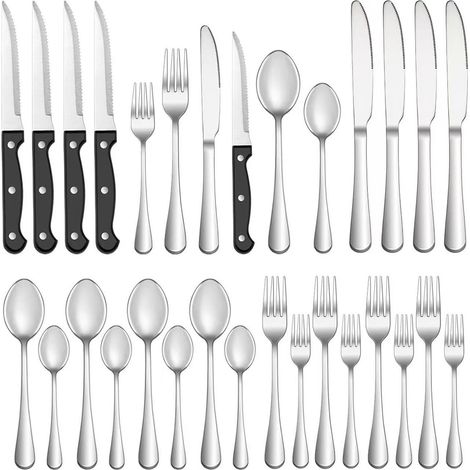 Ensemble de couverts 24 pièces - Couverts en acier inoxydable avec couteaux à steak, fourchettes, cuillères et couteaux - Compatible (1/5)