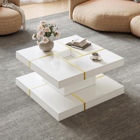 Tavolino da salotto quadrato con contenitore 80x80x38 cm, 2 livelli, bordi in metallo dorato, stile moderno minimalista - Bianco (1/5)