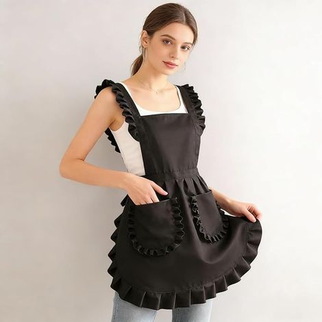 Grembiuli da donna in due pezzi, stile carino, ideali per salone di bellezza, cucina, caffetteria, abbigliamento da lavoro monopezzo, cucina casalinga, pulizie, grembiule senza maniche - Nero (1/4)