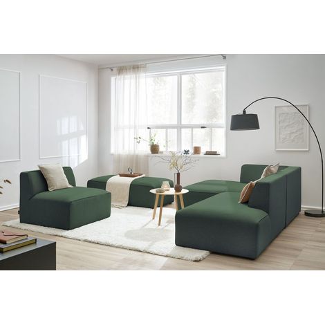 BOBOCHIC - Canapé d'angle fixe modulable MEGEVE tissu chiné avec 1 chauffeuse et 1 pouf Angle gauche Vert (1/5)