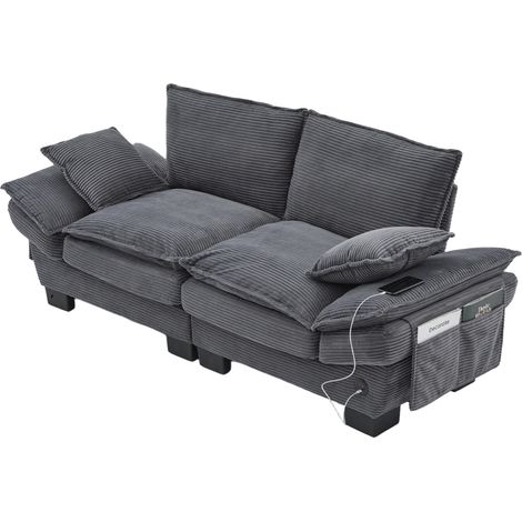 Canapé modulaire en velours côtelé 2 places avec large assise, design ergonomique, rembourrage en mousse haute densité, port USB-C et poches latérales. Idéal pour salon, bureau ou espace lounge. Gris (1/5)