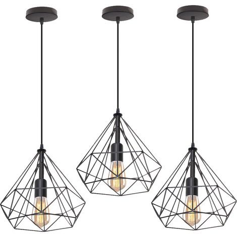 3 pack Lampes de Plafond Abat-Jour 25cm Suspension Lustre Cage en Fer Forme Diamant avec Douille Eclairage Style Industrielle Noir (sans ampoule) - Noir BLOW (1/5)