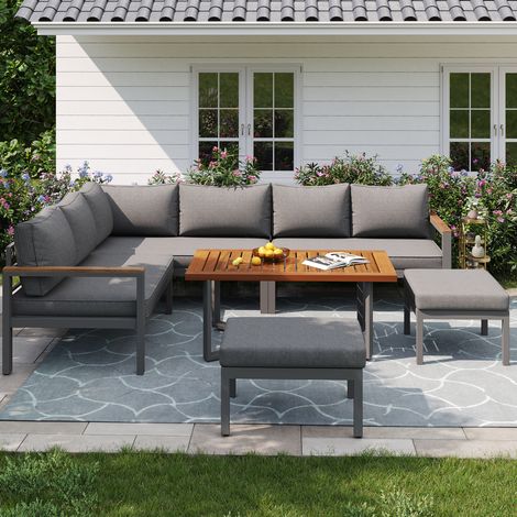 Set di mobili da giardino in metallo e poliestere grigio scuro, 3 divanetti 2 posti, 2 sedute singole e tavolo in legno (1/5)