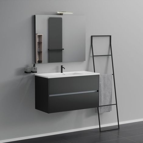 Inda - Badezimmerschrank 2 Schubladen L.100 mit Waschbecken, Spiegel und Lampe - Mattschwarz