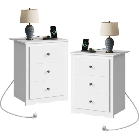 Table de chevet lot de 2 avec prises et 2 ports USB, 3 tiroirs, blanc (1/5)