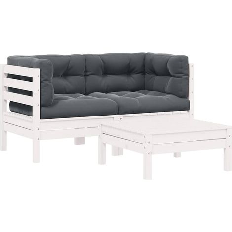 vidaXL 3 Piece Garden Lounge Set with Cushions White Solid Wood Pine