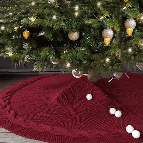 Jupe de sapin de Noël 122 cm rouge tricotée, couverture de sapin de Noël, tapis de sapin de Noël, décorations de Noël (1/3)