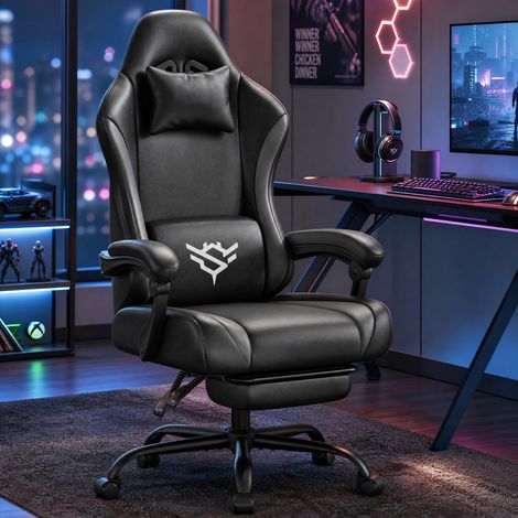 Fauteuil Gamer Ergonomique Inclinable à 135° avec Repose-Pieds, en Cuir PU, 70 x 70 x 120-130 cm, Noir et Gris (1/5)