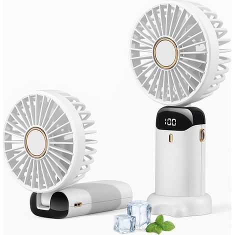 Générique Ventilatore USB Bianco Ricaricabile Portatile,Mini Ventilatore da Scrivania a Mano, 5 Velocità con Base, Display LED, Silenzioso, Pieghevole 800 mAh, (Bianco) (1/5)
