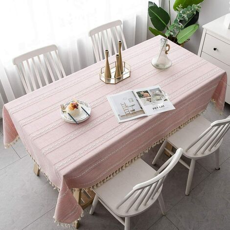 Serviette De Table Rectangulaire - Coton Et Lin - Bordure À Franges - Pour Intérieur Ou Extérieur - Rose - 140 x 140 cm (1/5)