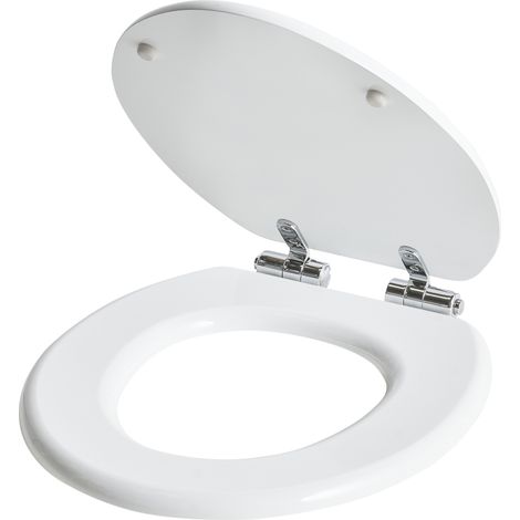 Asiento para inodoro accesorios de baño cierre suave sistema de desenganche rápido 46 x 38 cm distancia entre agujeros 17 cm MDF blanco Mazaruni (1/5)