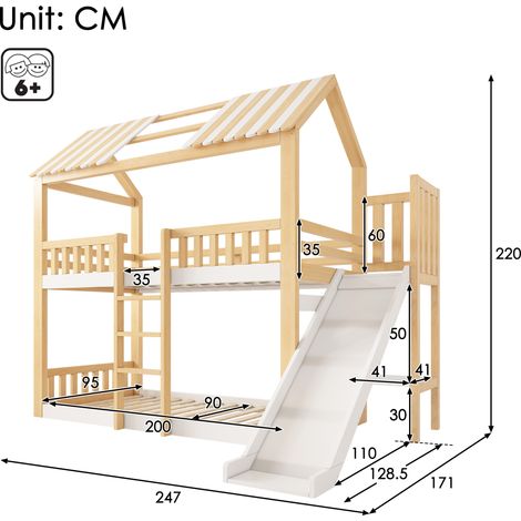 Lit superposé enfant 90x200 cm toit pignon, lit cabane mezzanine étagère toboggan 35 cm, accès sécurisé, blanc naturel, EN 747