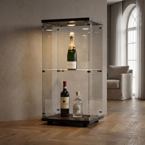 Vetrina in vetro a 2 livelli 40x36x86 cm, mobile espositore con illuminazione LED e serratura, in vetro temperato, stile moderno, nero