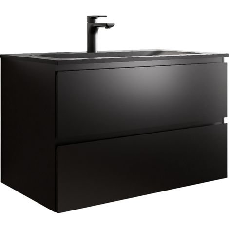 Unterschrank Bernstein AVA 80 cm mit Mineralguss Waschbecken BRUXELLES - Badmöbelfarbe Schwarz matt, Waschbecken Schwarz matt mit Hahnloch