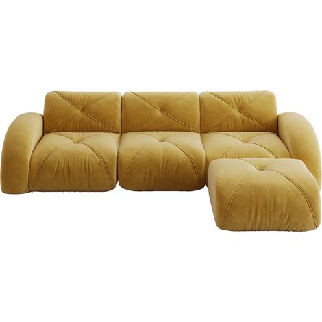 Sofá modular rinconero en L de chenilla amarilla con reposapiés, 3 plazas, sin montaje (1/5)