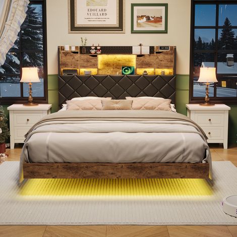 JOOKGBD–Letto Matrimoniale Fluttuante 160x200 cm,Letto Sospeso,Illuminazione LED,Porta USB,PU,Testiera con Contenitore Nascosto,Rete a Doghe,Letto per Adolescenti
