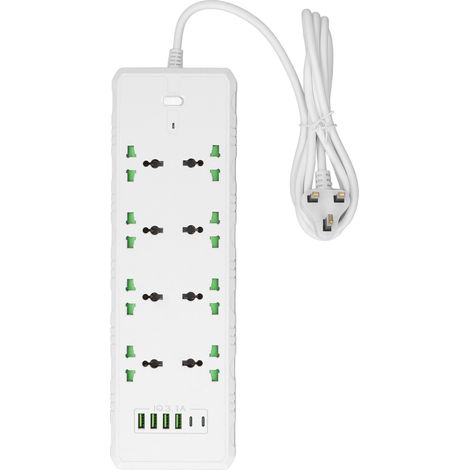Bloc multiprise blanc 8 prises avec 4 USB 2 PD, boîtier PC isolé, câble 2m, fiche UK 110‑265V (1/5)