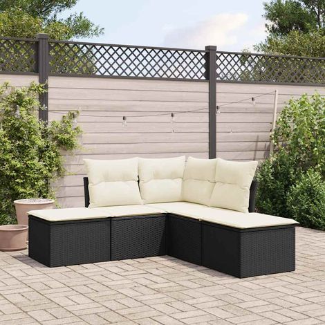 Ensemble Salon Jardin 5 Places Noir Résine Tressée avec Coussins Crème - 2 Sièges Centraux + 1 Coin + 2 Tabourets (1/3)
