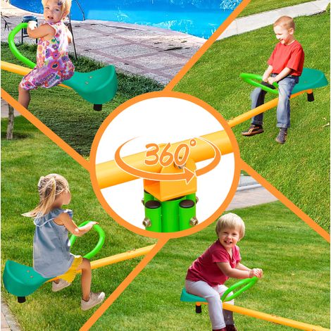 Bascule double enfant 180 cm en acier inoxydable jaune et vert antidérapante pour jardin et aire de jeux (1/5)