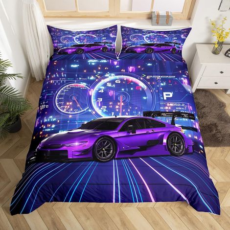 Housse de Couette Voiture de Sport pour Garçons, Ensemble de Lit Voiture de Course Sports pour Enfants, Parure de Lit Sports Course Vitesse Moderne, Pourpre, 200x200 (1/5)