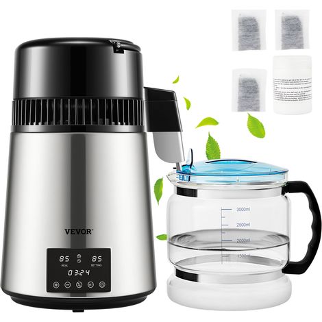 VEVOR Destilador de Agua 4L Filtro de Destilación de Agua con Recipiente de Vidrio 750 W 1 L/H Ajuste de Velocidad, Destilación Filtro Purificador de Acero Inoxidable Temperatura Doble 7,9lbs, Plata