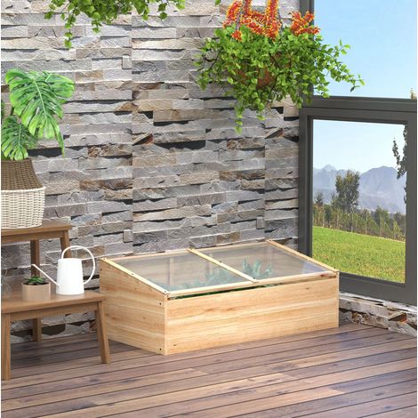 Invernadero de jardín 100x50x35/26 cm, cubierta abatible para ventilación, techo inclinado, madera y policarbonato natural (1/5)