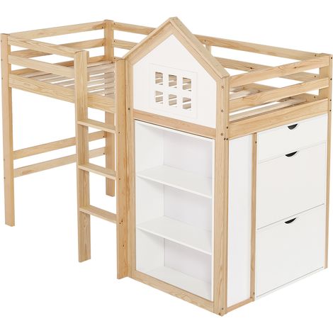 Cama alta infantil 90x200 cm con almacenaje, 3 cajones, madera blanca y natural (1/5)