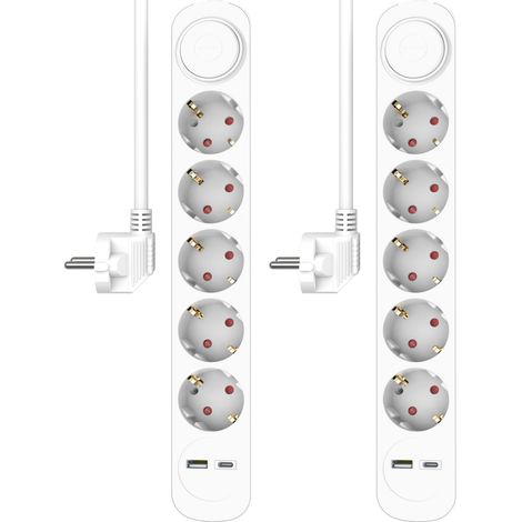 Lot de 2 multiprises 5 Prises avec câble de 1,5 m et Interrupteur - 5 Prises + USB + USB-C - Sécurité Enfant - Prise Schuko - Maximum 3680 W (1/5)