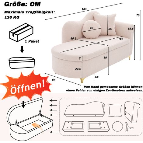 Chaise longue multifonctionnelle avec rangement, 134 cm, design moderne, dossier ondulé, tissu peluche, assise haute densité, lombaire & cervical (1/4)