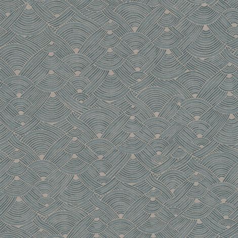 Papier peint graphique bleu gris et beige Tapisserie en lignes aspect tressage Papier peint style éthnique idéal pour chambre (1/4)