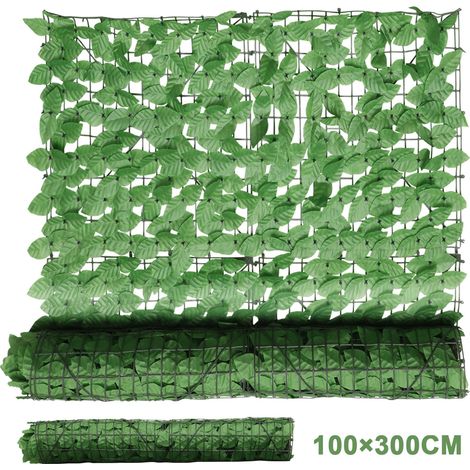 Randaco Haie artificielle 1 x 3 m, brise-vue extensible avec feuilles de pothos vert clair, clôture décorative pour balcon, terrasse, jardin, avec 100 attaches de 10 cm