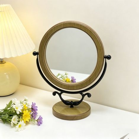 Miroir de maquillage vintage en noyer - miroir de bureau - miroir rond pivotant avec cadre en bois - miroir de maquillage pour bureau de chambre (1/2)